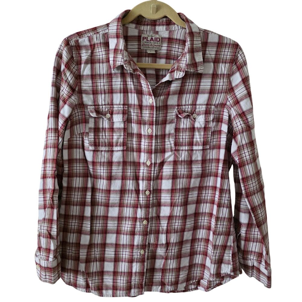 Old Navy Red & White Plaid Flannel Button-up Shirt Size Large
